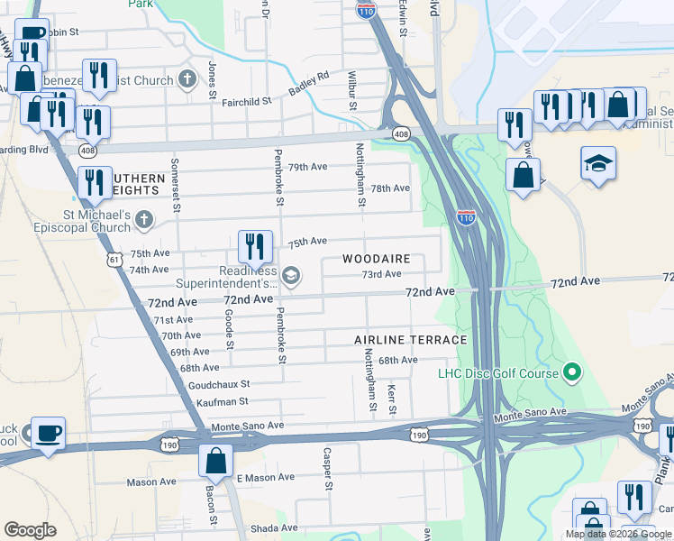 map of restaurants, bars, coffee shops, grocery stores, and more near 2598 74th Avenue in Baton Rouge
