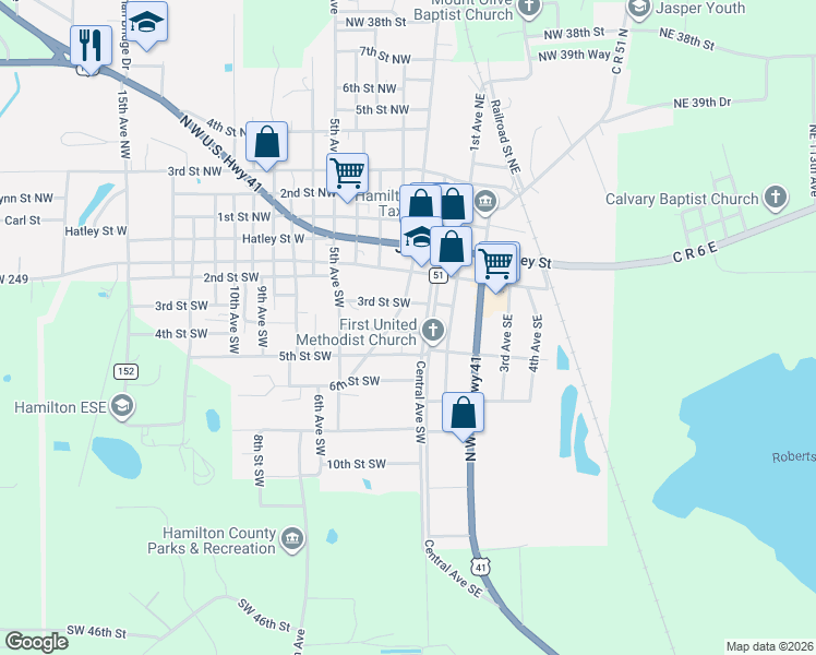 map of restaurants, bars, coffee shops, grocery stores, and more near 306 Central Avenue Southwest in Jasper