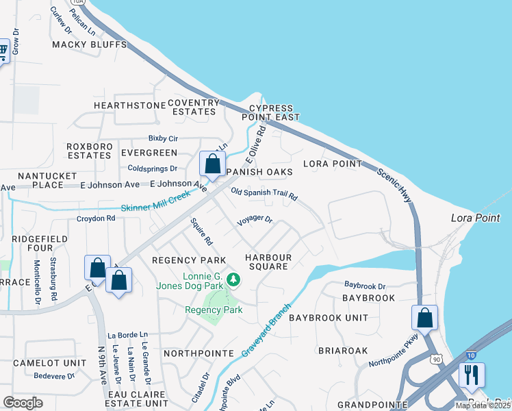 map of restaurants, bars, coffee shops, grocery stores, and more near 8491 Old Spanish Trail Road in Pensacola