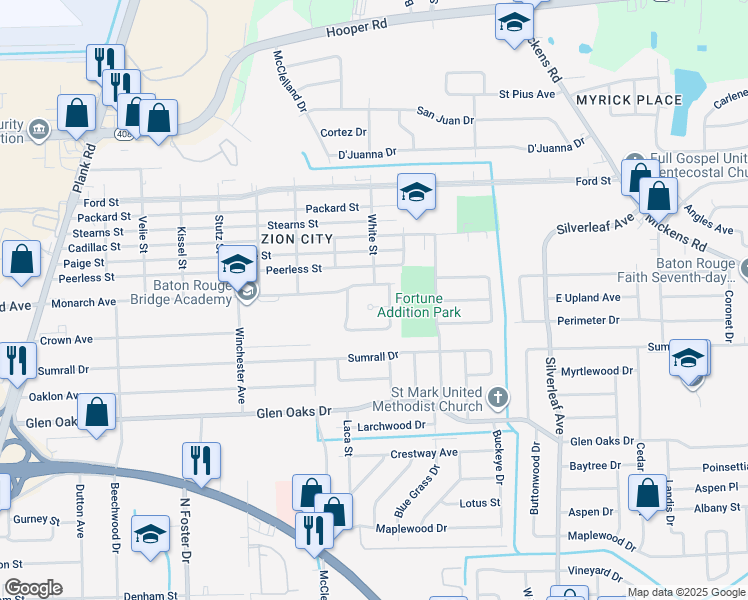 map of restaurants, bars, coffee shops, grocery stores, and more near 5837 Princess Court in Baton Rouge