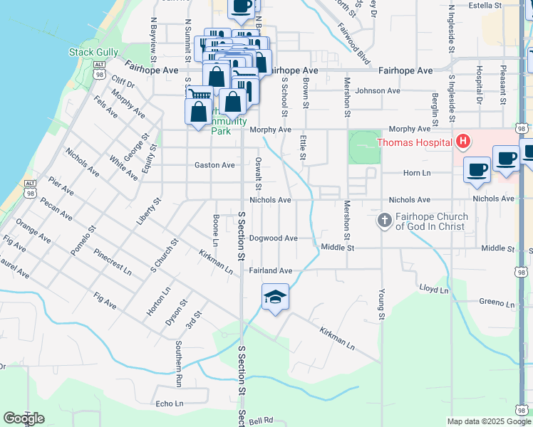 map of restaurants, bars, coffee shops, grocery stores, and more near 450 Nichols Avenue in Fairhope