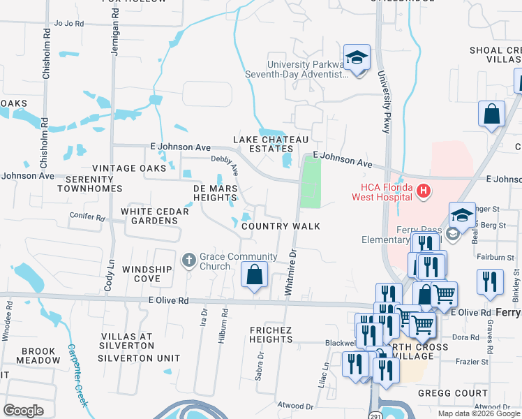map of restaurants, bars, coffee shops, grocery stores, and more near 8395 Country Walk Drive in Pensacola