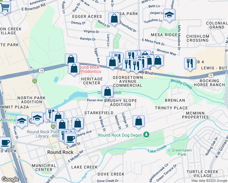 map of restaurants, bars, coffee shops, grocery stores, and more near North Georgetown Street in Round Rock