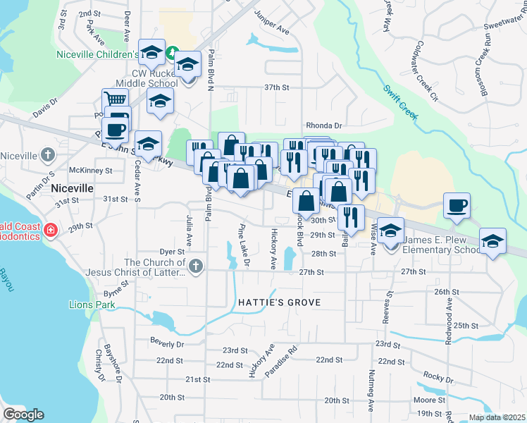 map of restaurants, bars, coffee shops, grocery stores, and more near 919 Hospital Dr in Niceville
