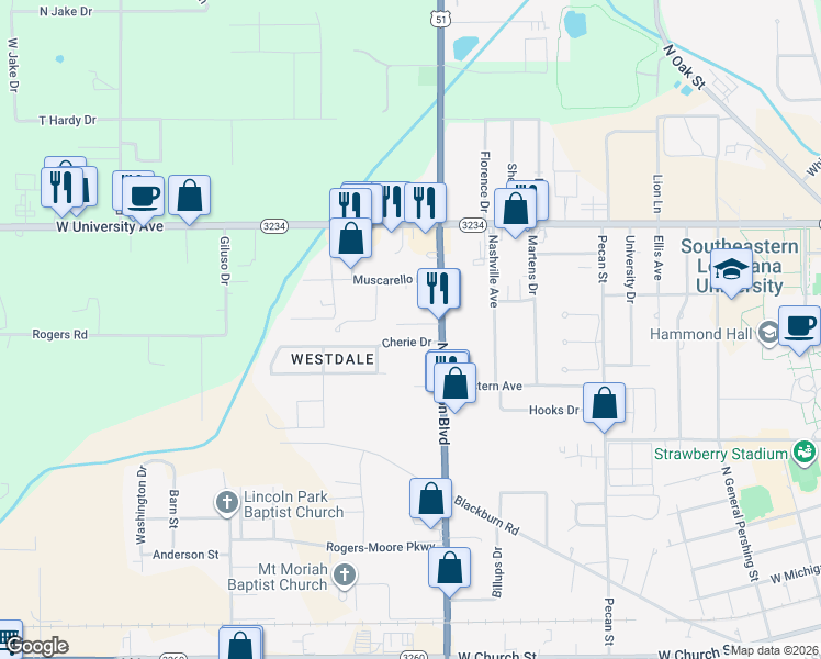 map of restaurants, bars, coffee shops, grocery stores, and more near 45570 Tranquil Trce in Hammond