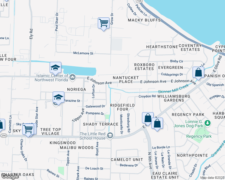 map of restaurants, bars, coffee shops, grocery stores, and more near 3840 Gatewood Drive in Pensacola
