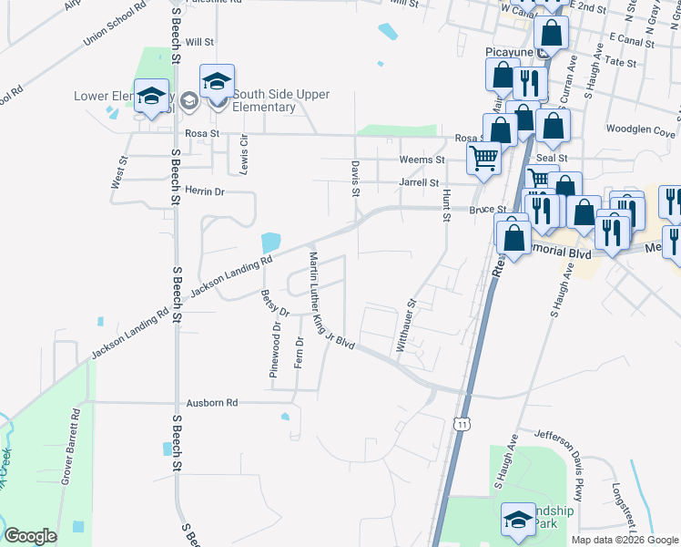 map of restaurants, bars, coffee shops, grocery stores, and more near Merrydale Drive in Picayune