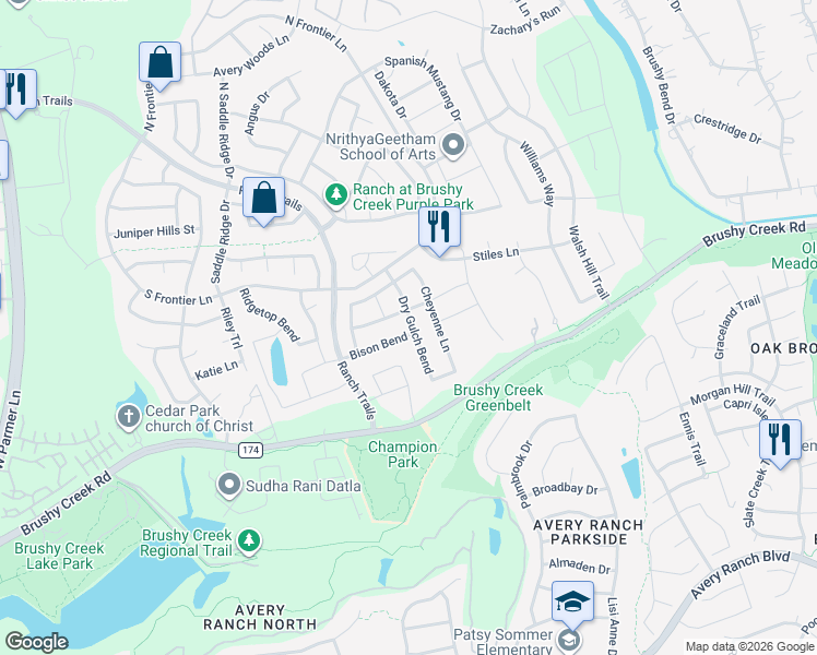 map of restaurants, bars, coffee shops, grocery stores, and more near 4131 Bison Bend in Cedar Park