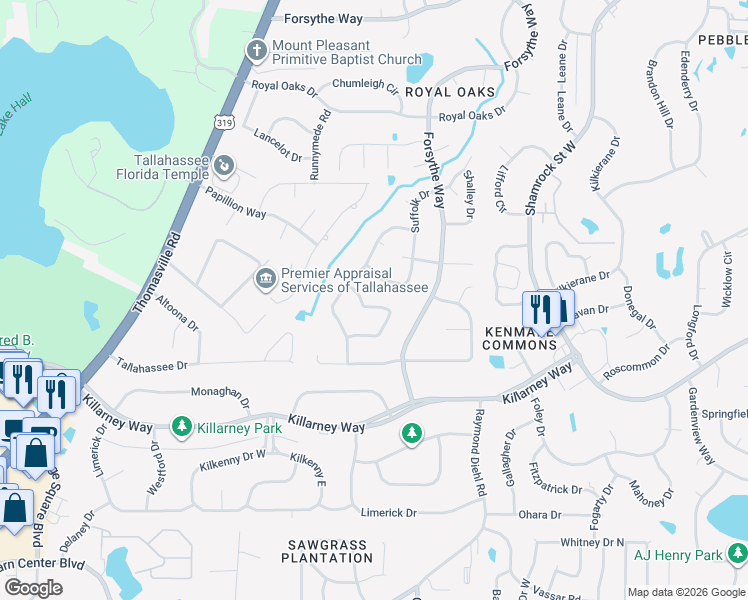 map of restaurants, bars, coffee shops, grocery stores, and more near 2353 Braeburn Circle in Tallahassee