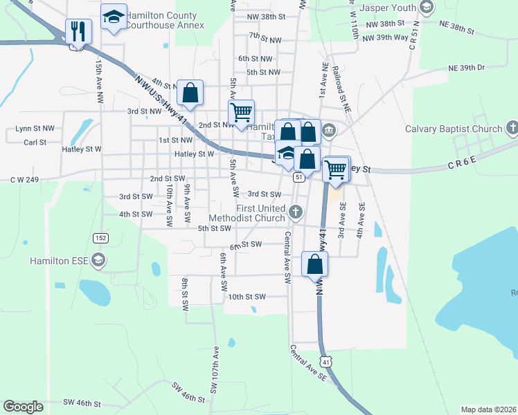 map of restaurants, bars, coffee shops, grocery stores, and more near 207 4th St SW in Jasper