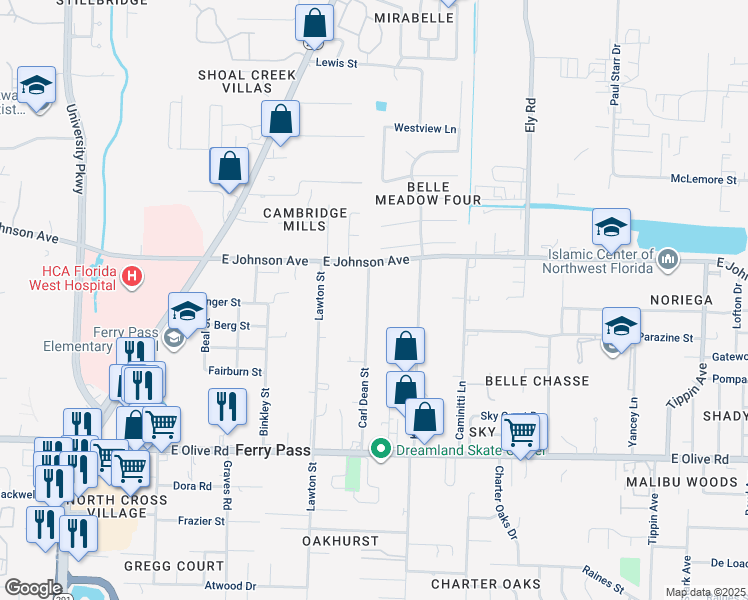 map of restaurants, bars, coffee shops, grocery stores, and more near 8390 Carl Dean Street in Pensacola