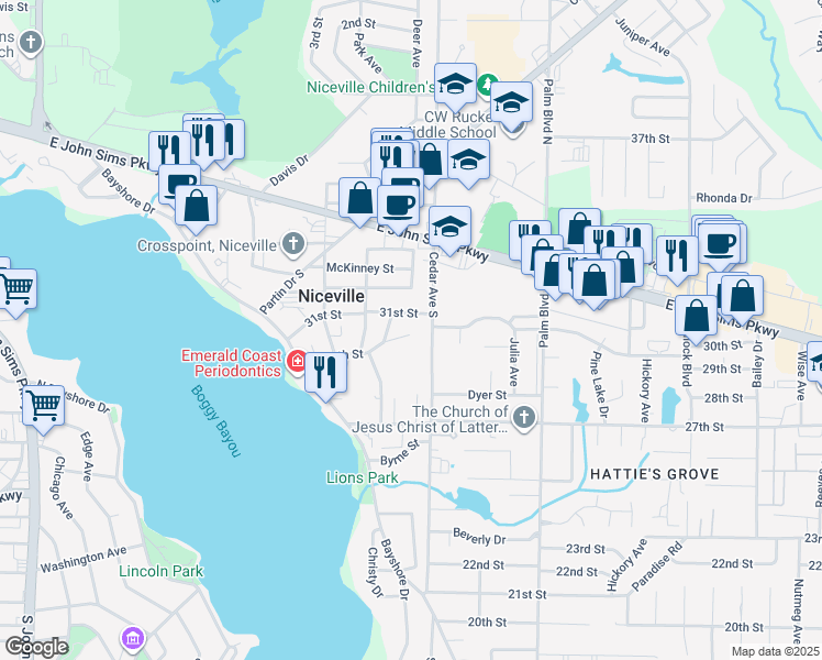 map of restaurants, bars, coffee shops, grocery stores, and more near 717 29th Street in Niceville