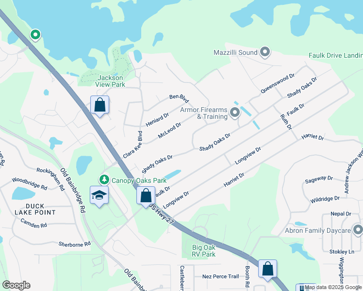 map of restaurants, bars, coffee shops, grocery stores, and more near 2124 Shady Oaks Drive in Tallahassee