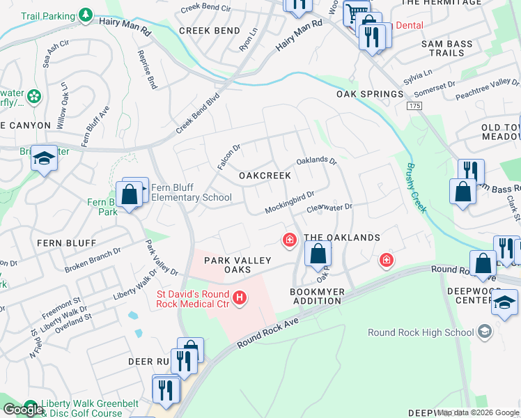 map of restaurants, bars, coffee shops, grocery stores, and more near 1002 Wren Court in Round Rock