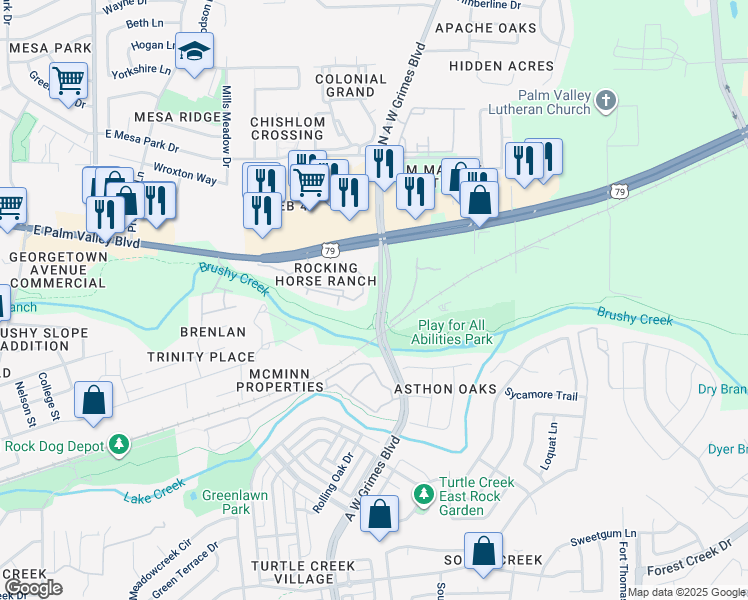 map of restaurants, bars, coffee shops, grocery stores, and more near 250 North A.W. Grimes Boulevard in Round Rock