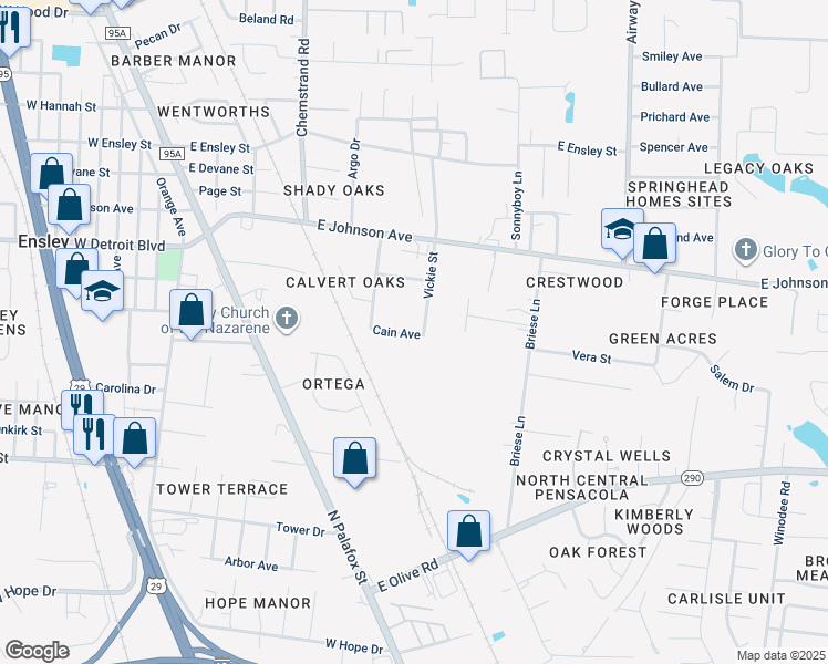 map of restaurants, bars, coffee shops, grocery stores, and more near 8313 Vickie Street in Pensacola