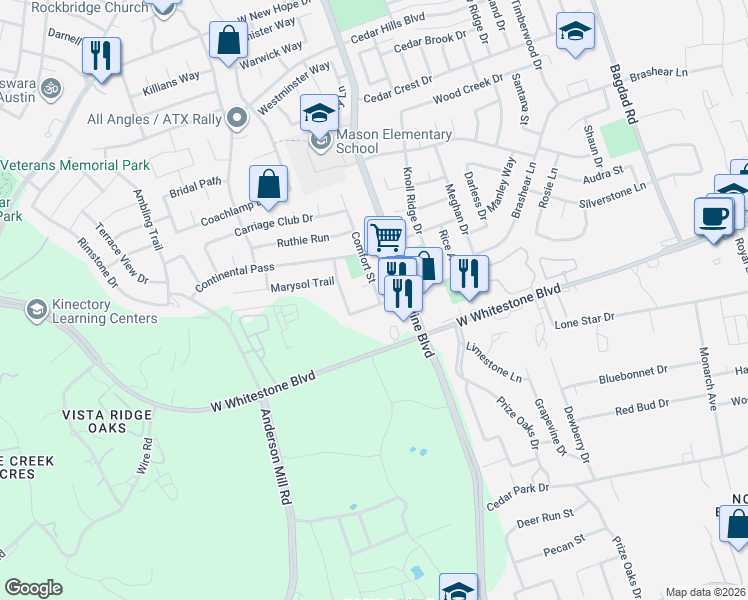 map of restaurants, bars, coffee shops, grocery stores, and more near 1100 Comfort Street in Cedar Park