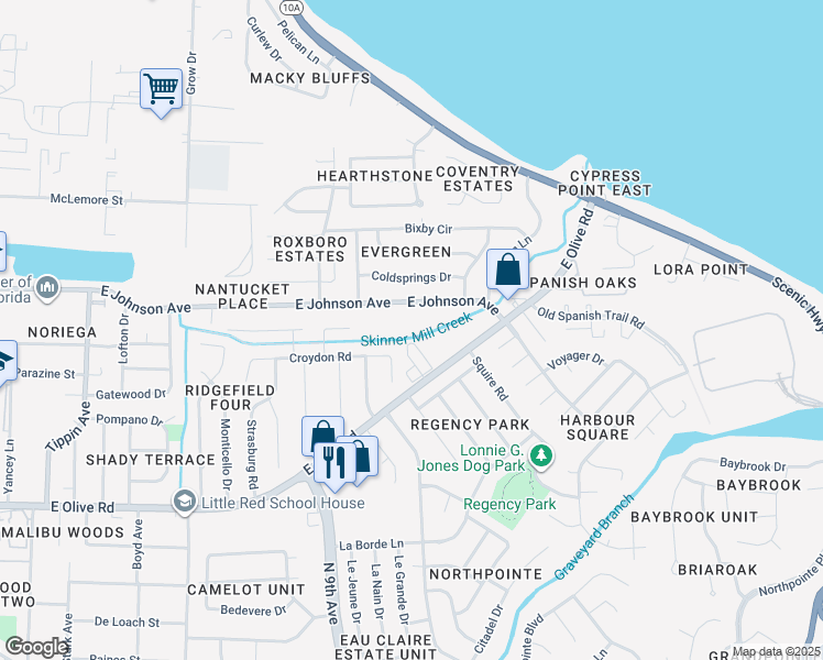 map of restaurants, bars, coffee shops, grocery stores, and more near 4501 East Johnson Avenue in Pensacola