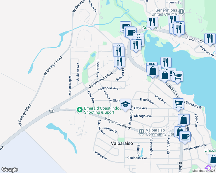 map of restaurants, bars, coffee shops, grocery stores, and more near 400 Davenport Avenue in Valparaiso