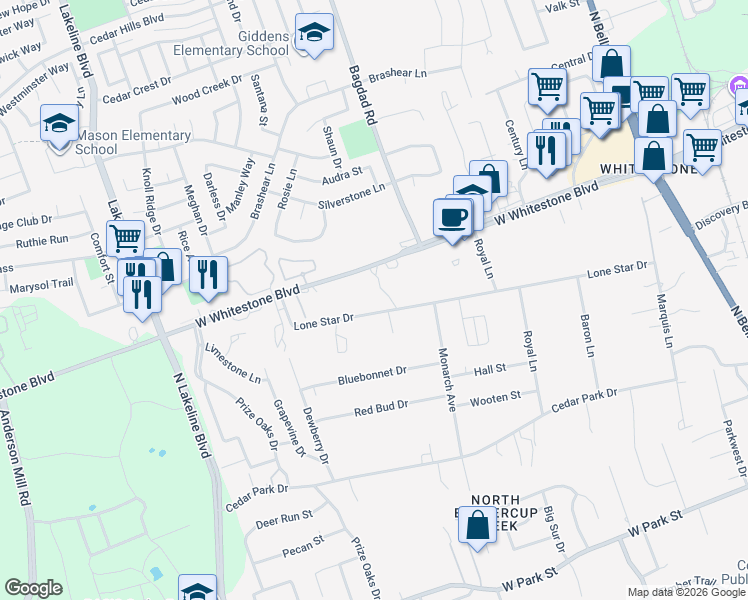 map of restaurants, bars, coffee shops, grocery stores, and more near 1004 West Whitestone Boulevard in Cedar Park