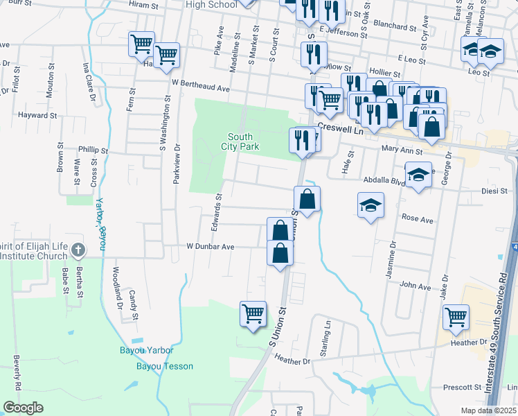 map of restaurants, bars, coffee shops, grocery stores, and more near 100 East Andrus Avenue in Opelousas