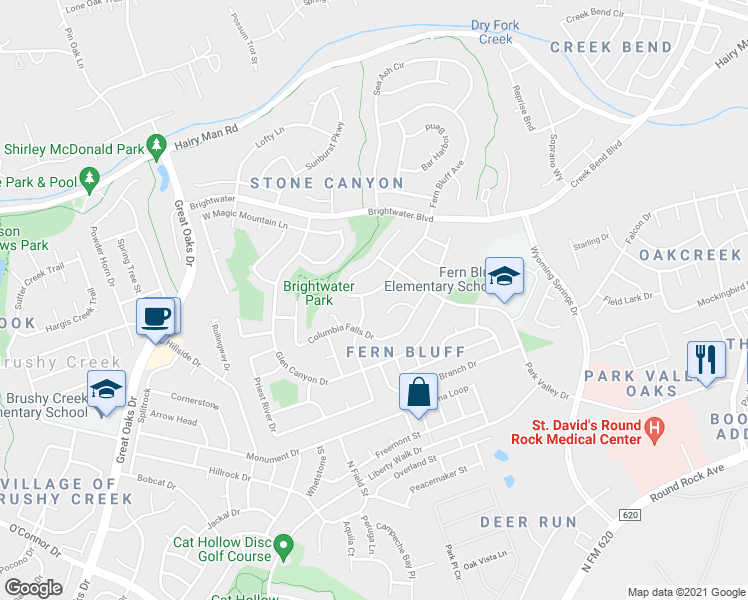 map of restaurants, bars, coffee shops, grocery stores, and more near 8501 Fern Bluff Avenue in Round Rock
