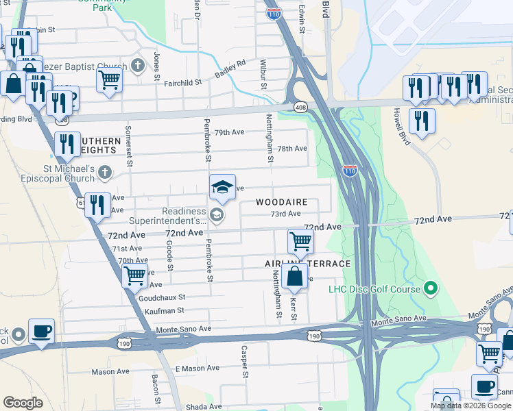 map of restaurants, bars, coffee shops, grocery stores, and more near 2598 74th Avenue in Baton Rouge