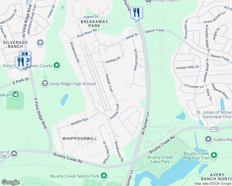 map of restaurants, bars, coffee shops, grocery stores, and more near 604 Kodiak Trail in Cedar Park