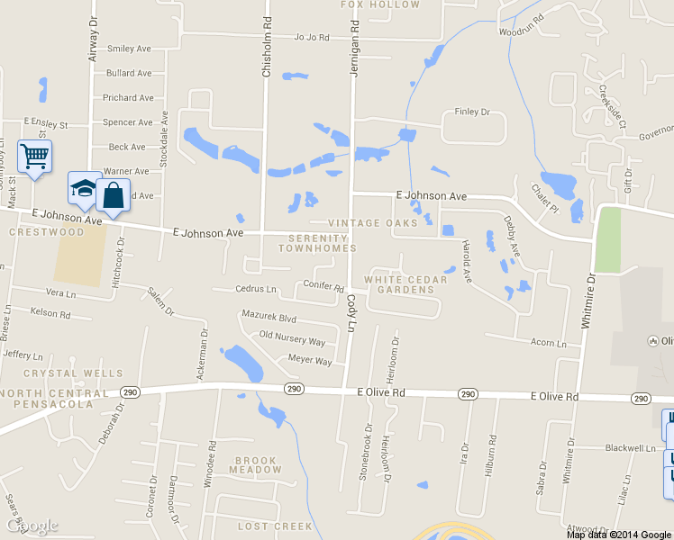 map of restaurants, bars, coffee shops, grocery stores, and more near 8476 Meliaceae Drive in Pensacola