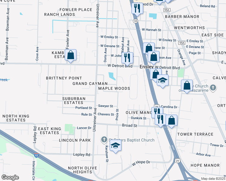 map of restaurants, bars, coffee shops, grocery stores, and more near 800 Maple Woods Circle in Pensacola