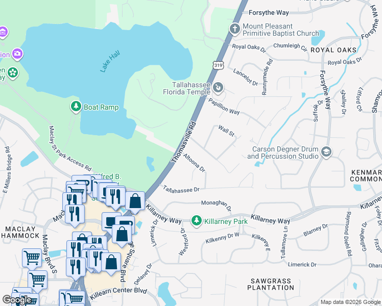 map of restaurants, bars, coffee shops, grocery stores, and more near 2207 Woodbine Drive in Tallahassee