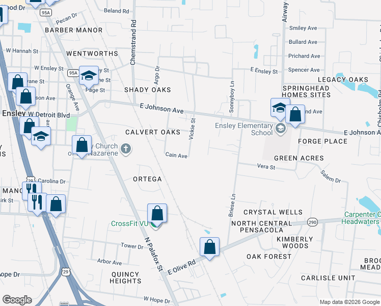 map of restaurants, bars, coffee shops, grocery stores, and more near 8313 Vickie Street in Pensacola
