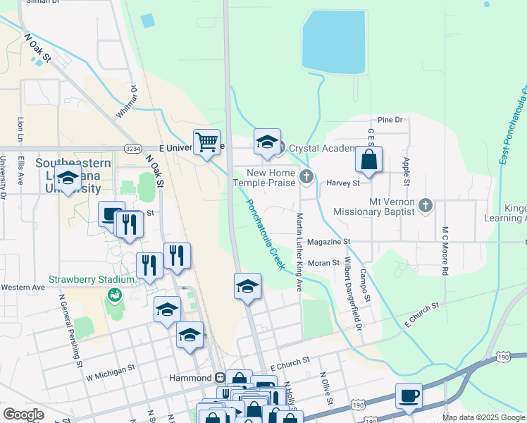 map of restaurants, bars, coffee shops, grocery stores, and more near 16 Elijah Nelson in Hammond