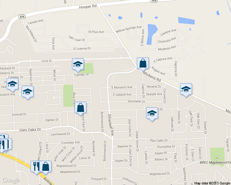 map of restaurants, bars, coffee shops, grocery stores, and more near 6687 E Upland Ave in Baton Rouge