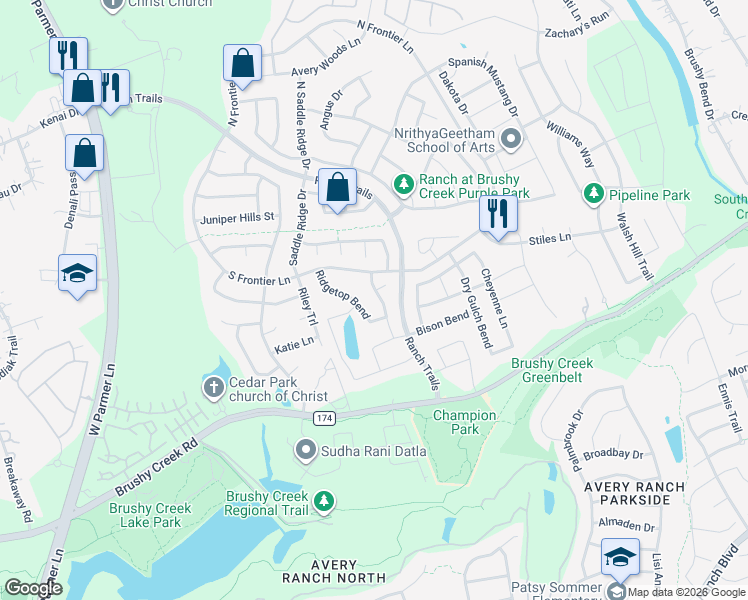map of restaurants, bars, coffee shops, grocery stores, and more near 409 Buck Ridge Road in Cedar Park