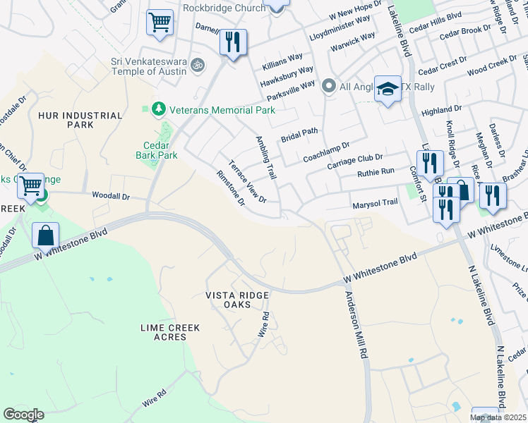 map of restaurants, bars, coffee shops, grocery stores, and more near 1308 Rimstone Drive in Cedar Park