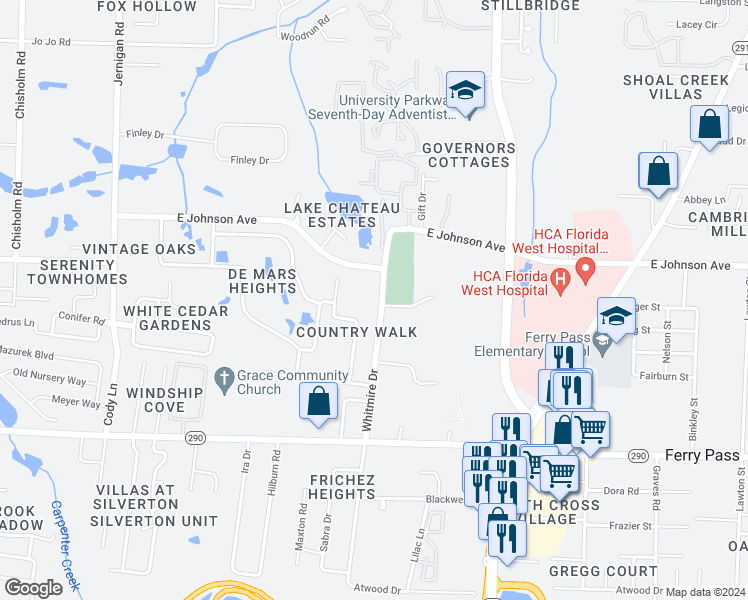 map of restaurants, bars, coffee shops, grocery stores, and more near 8407 Whitmire Drive in Pensacola