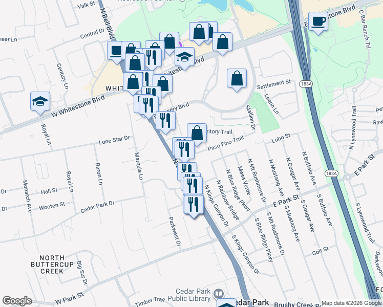 map of restaurants, bars, coffee shops, grocery stores, and more near 600 North Bell Boulevard in Cedar Park