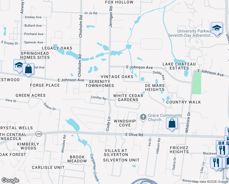 map of restaurants, bars, coffee shops, grocery stores, and more near 969 Black Walnut Trail in Pensacola