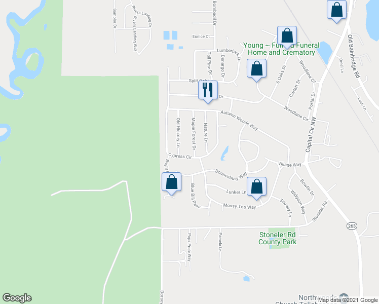 map of restaurants, bars, coffee shops, grocery stores, and more near 5660 Maple Forest Drive in Tallahassee