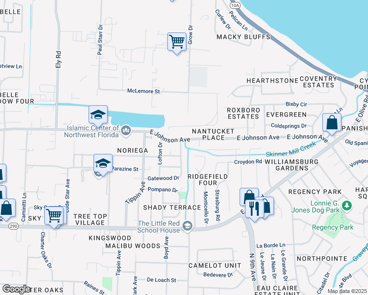 map of restaurants, bars, coffee shops, grocery stores, and more near 3840 Gatewood Drive in Pensacola