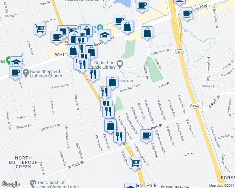 map of restaurants, bars, coffee shops, grocery stores, and more near 512 Paso Fino Trail in Cedar Park