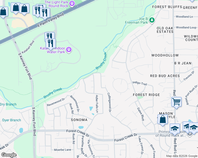 map of restaurants, bars, coffee shops, grocery stores, and more near 2836 Collingwood Drive in Round Rock