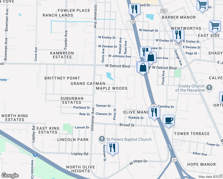 map of restaurants, bars, coffee shops, grocery stores, and more near 800 Maple Woods Circle in Pensacola