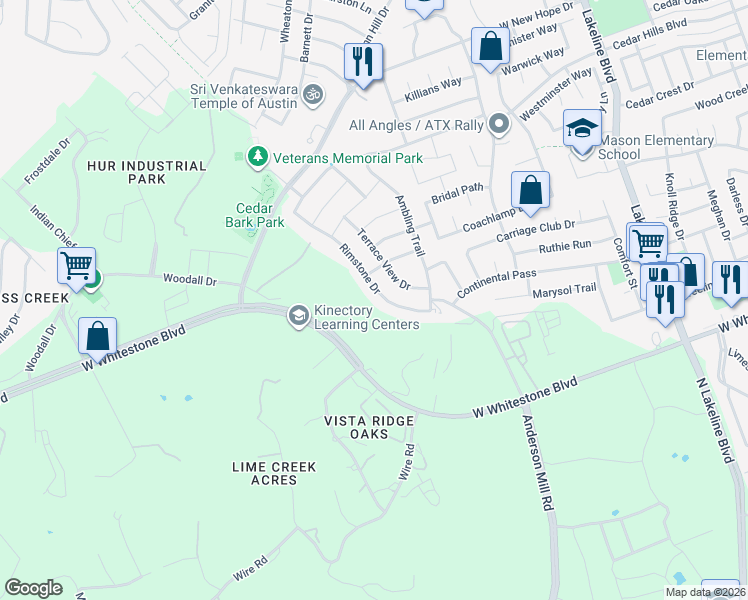 map of restaurants, bars, coffee shops, grocery stores, and more near 1407 Rimstone Dr in Cedar Park