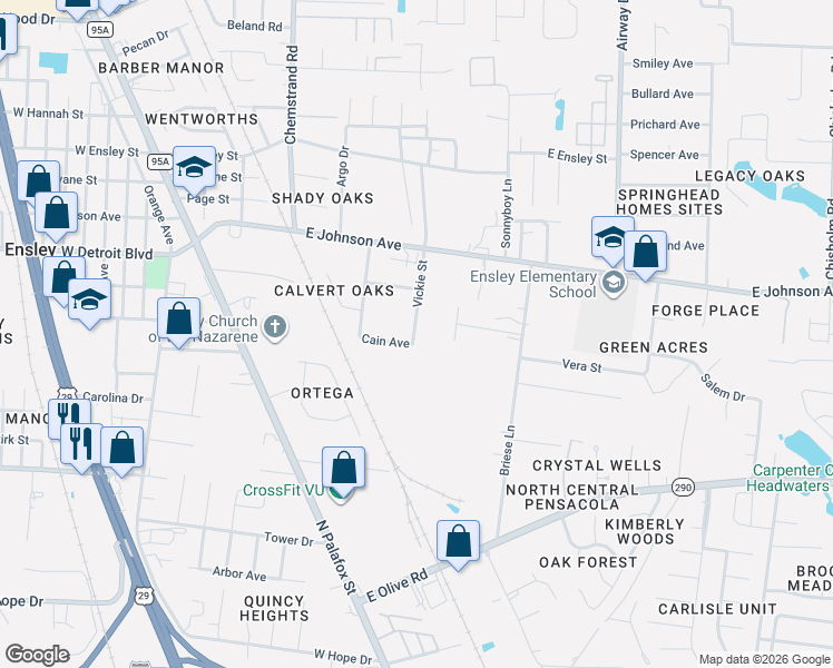 map of restaurants, bars, coffee shops, grocery stores, and more near 8313 Vickie Street in Pensacola