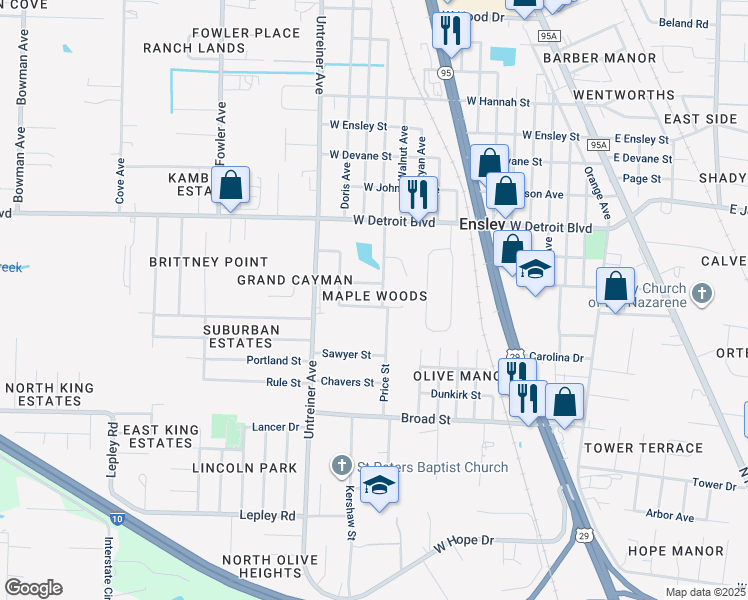 map of restaurants, bars, coffee shops, grocery stores, and more near 800 Maple Woods Circle in Pensacola