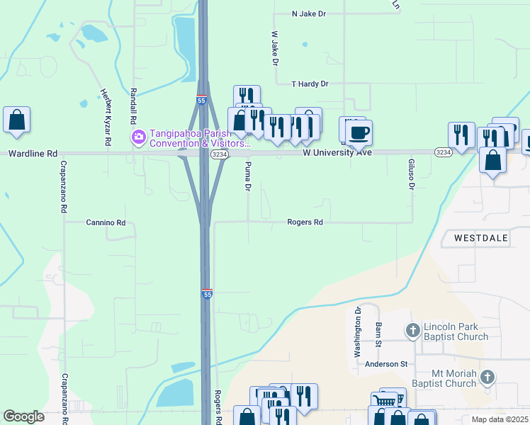 map of restaurants, bars, coffee shops, grocery stores, and more near 45537 Nicholas Drive in Hammond
