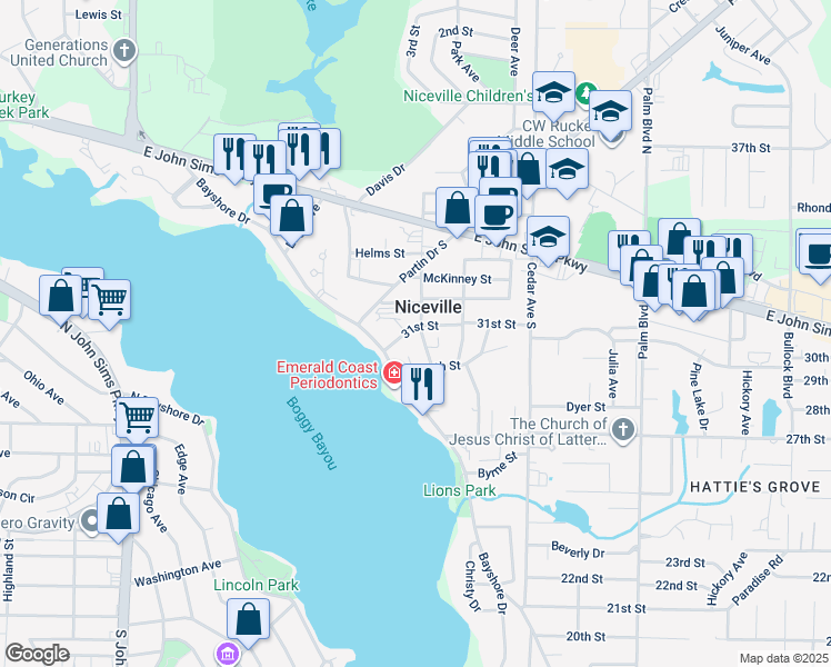 map of restaurants, bars, coffee shops, grocery stores, and more near 527 31st St in Niceville