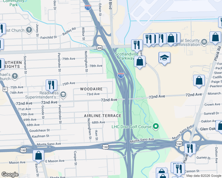 map of restaurants, bars, coffee shops, grocery stores, and more near 7365 Sussex Street in Baton Rouge